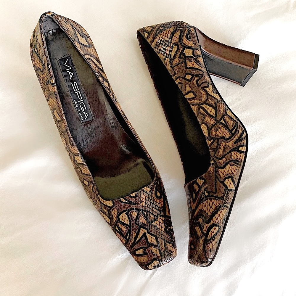 Italian VIA SPAGA leather square toe vintage brown snakeskin comfy bock heel